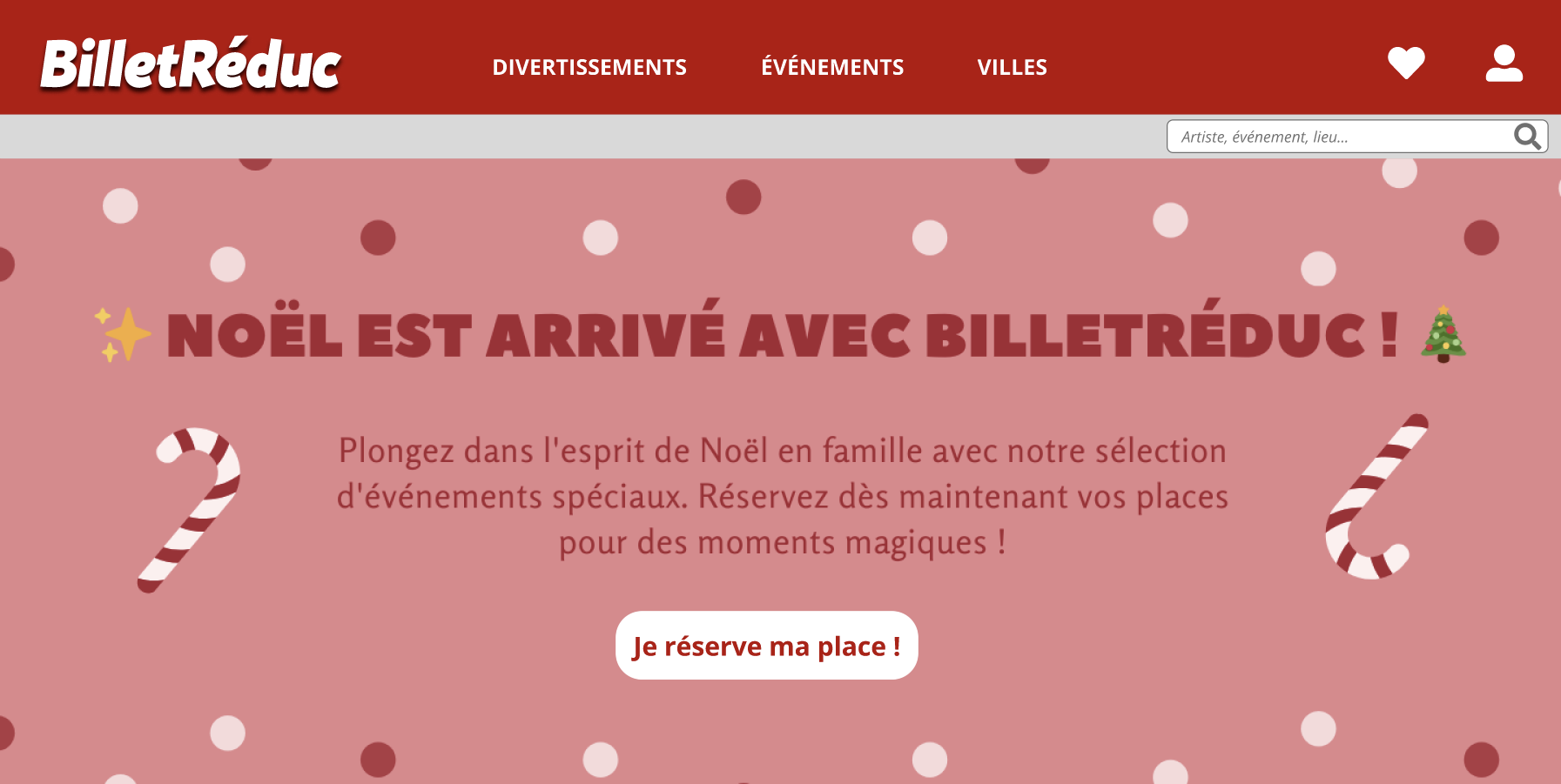 BilletRéduc — maquette de la page d’accueil et sélection d’événements de Noël